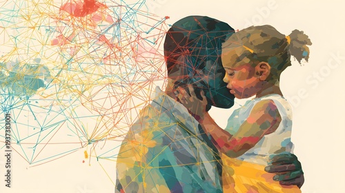 Abstract watercolor painting of a father holding his daughter with colorful geometric patterns.