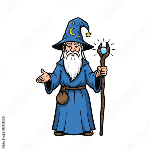Illustration of a wizard holding a magic staff with celestial symbols on his hat, standing in a mystical pose