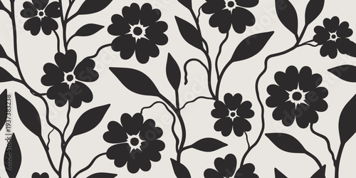 Black and white floral silhouette pattern with delicate leaves and stems monochrome
