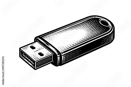 Classic Engraved USB Flash Drive Illustration: A Timeless Vector Art Representation of Portable Digital Data Storage and Information Transfer Device, Perfect for Tech-Themed Designs, Archival Imagery,