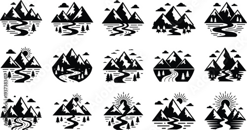 Mountain river landscape icon set, alpine peaks with winding river, sun and pine trees nature adventure vector badges