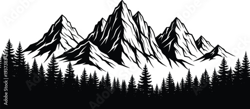 Mountain and pine forest silhouette landscape vector, alpine peaks with evergreen trees wilderness nature scene for outdoor adventure design