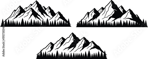 Mountain forest silhouette vector set, alpine peaks with pine trees landscape scenes for nature outdoor adventure design