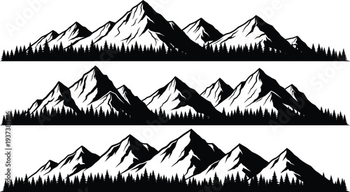 Mountain landscape silhouette vector set, forest pine trees and alpine peaks panorama collection for nature outdoor design