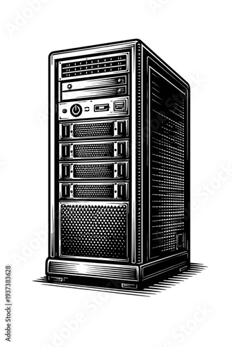 Striking monochrome vector graphic of a robust server tower, showcasing its multi-bay architecture, front panel controls, and advanced cooling grilles. Perfect for data center, web hosting, cloud infr