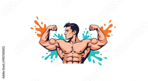 A muscular male bodybuilder, with dark hair and a determined expression, stands flexing both biceps against vibrant orange and teal paint splatters.