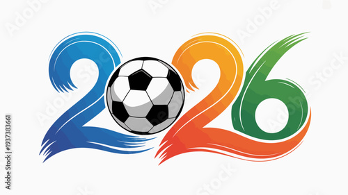 A vibrant graphic displays the number 2026 incorporating a soccer ball within the zero representing a sporting event or championship high quality professional detailed modern elegant