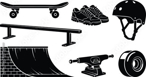 Flat vector skateboard gear set close up top view skateboard truck wheel ramp rail helmet shoes minimalist silhouette black white