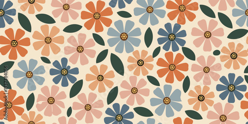 Mid- Century Modern Floral Pattern with Simple Flowers and Leaves mid-century retro