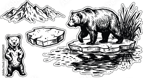 Engraving style side view bear walking on ice floe by reflective lake with mountain sketch and standing cub reeds sticker