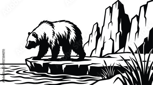 Line art close up bear walking on rocky shore looking into water with towering cliffs and reeds dramatic contrast silhouette
