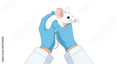 A cartoon illustration shows a small white laboratory mouse with pink features being carefully held by two light blue gloved hands against a stark white background.