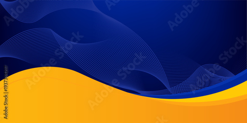 Abstract blue and yellow wave wide background banner curve element with line blue pettern space for text and message design, overlapping layers.