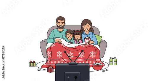 A happy cartoon family of four sits together on a gray sofa, covered by a red snowflake blanket, watching television with popcorn and scattered gift boxes.