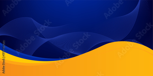 Abstract blue and yellow wave wide background banner curve element with line blue pettern space for text and message design, overlapping layers.