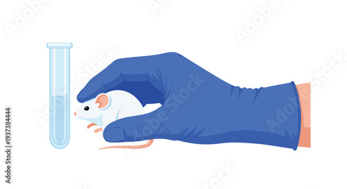 A gloved hand in a blue latex glove is carefully holding a small white laboratory mouse next to a clear test tube.