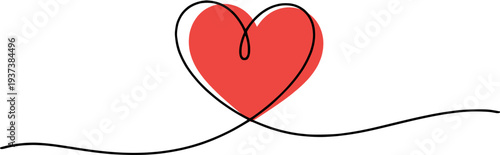 Continuous single line art drawing of a vibrant red heart, symbolizing universal love, passion, and romantic connection with elegant simplicity