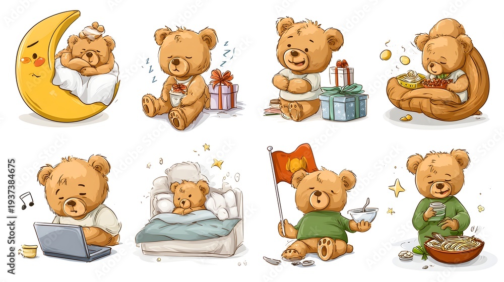 Obraz premium Adorable Teddy Bear Illustrations - A Collection of Heartwarming Scenes.