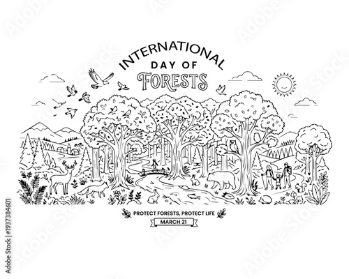 International Day of Forests 2026 Poster with Forest Animals and Trees in Black and White
