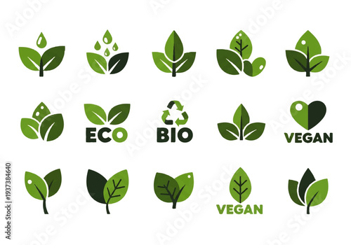 Vector flat design illustration of various green leaf logos and eco-friendly symbols including ECO, BIO, and VEGAN labels on a white background.