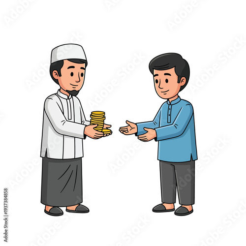 Illustration of a man giving coins to a boy in traditional clothing