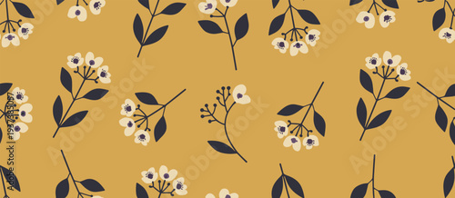 Seamless Pattern of Small White Flowers and Dark Blue Leaves on a Mustard Yellow Background floral bloom