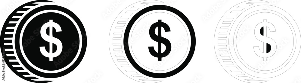 Obraz premium Black and white illustration of three dollar coins with decreasing visibility