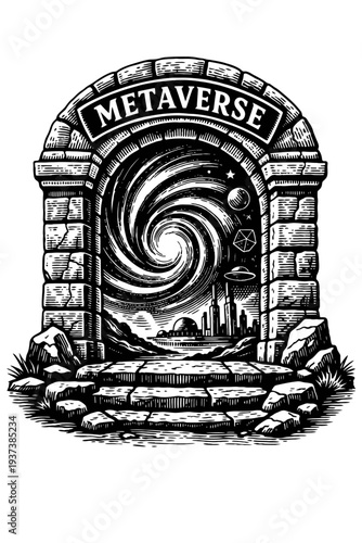 Woodcut art: 'METAVERSE' archway opens to a cosmic portal. Beyond, a futuristic digital city, skyscrapers, stars, planets, geometric shapes, a UFO. Image signifies immersive gateway to virtual reality