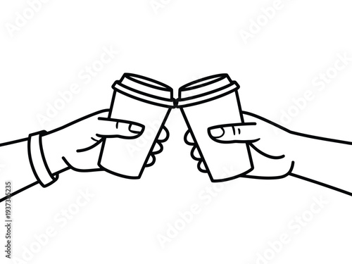 Two hands clinking coffee cups together in a toast gesture, black and white illustration