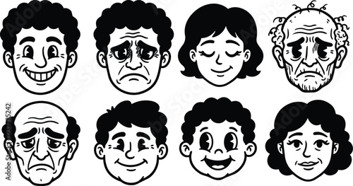 Retro cartoon vector eight expressive faces showing happy sad surprised calm worried elderly expressions close up black white line art