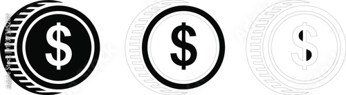 Black and white illustration of three dollar coins with decreasing visibility