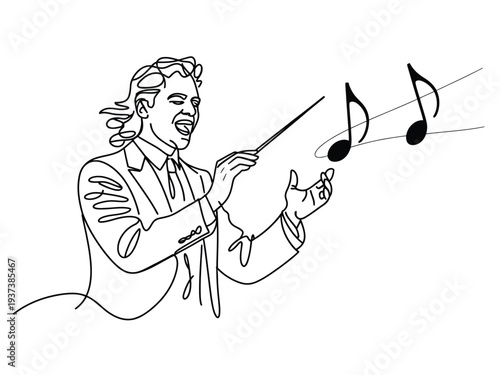 Conductor Leading Orchestra with Baton and Musical Notes in Air