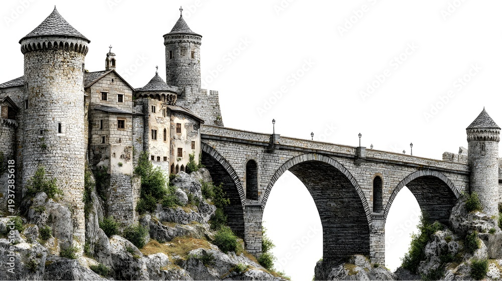 Fototapeta premium Ancient Stone Castle and Arched Bridge on Rocky Cliff Isolated on White Background.