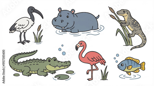 Cute Cartoon Nile River Animals Collection with Hippo Crocodile and Flamingo