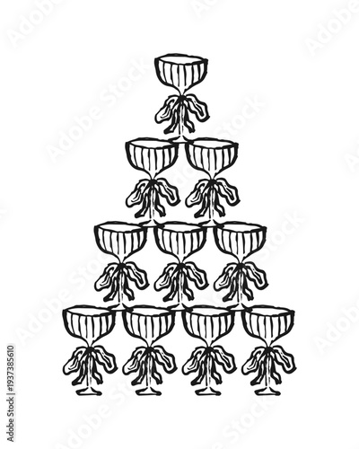 Elegant whimsical vintage champagne tower with bows in hand-drawn style. Isolated vector illustration. Holiday bachelorette or wedding alcoholic drinks.