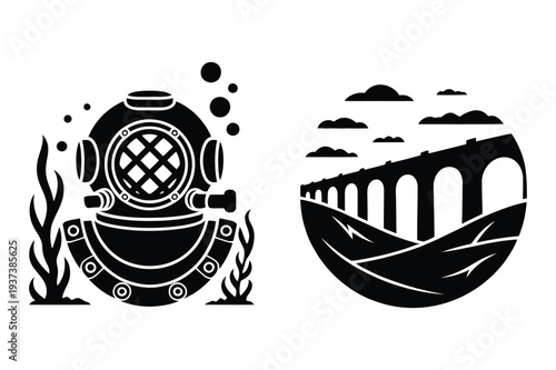 Vintage Diving Helmet and Aqueduct Silhouette Icons