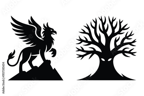 Griffin Mythical Creature and Mysterious Tree Icons