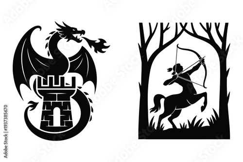 Dragon on Castle and Centaur Archer Forest Icons
