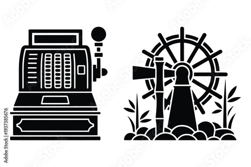 Vintage Cash Register and Water Wheel Icons