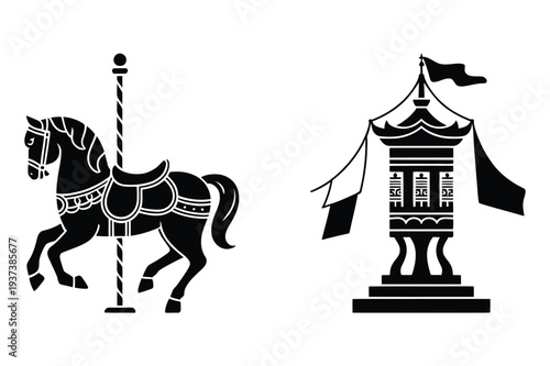 Carousel Horse and Pagoda Lantern Silhouette Icons