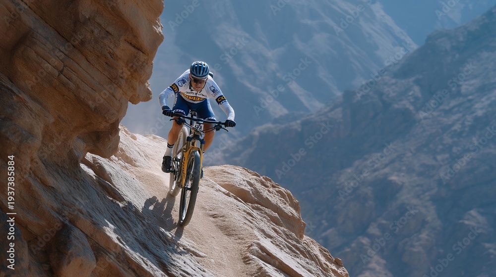 Obraz premium Professional cyclist climbing an impossibly steep mountain stage alone having broken away from the peloton, perfect for elite cycling, mountain stage, professional race, cycling endurance, modern