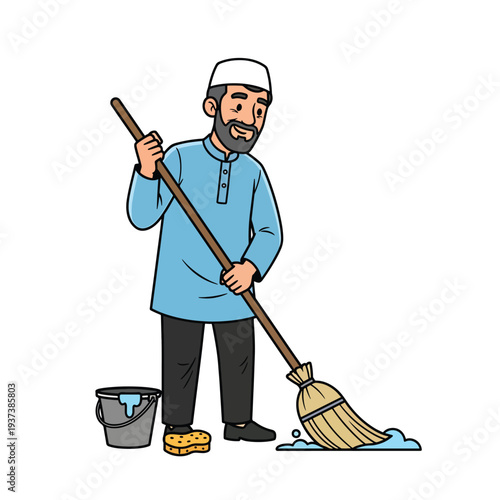 Man sweeping floor with a broom and bucket in a simple vector illustration