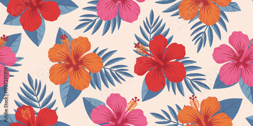 Tropical Floral Pattern with Red Pink and Orange Hibiscus Flowers and Blue Palm Leaves seamless bloom