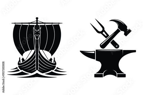 Viking Ship and Blacksmith Tools - Silhouette Icon Set