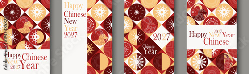 Chinese  Lunar New Year 2027  vertical banners set with Year of the Fire Goat, Ram zodiac signs geometric patterns. Red and gold festive oriental backgrounds for social media stories and posters
