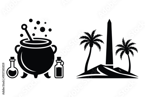Witches Cauldron and Oasis Monument - Silhouette Icon Set