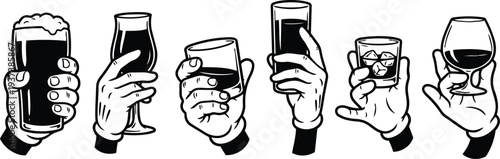 Tattoo flash style close up set of six hands holding different drink glasses from varied angles cheers gesture black white