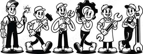 Retro cartoon style mechanic crew walking and posing holding wrench hammer torch gear smiling in vintage workshop vector illustration playful