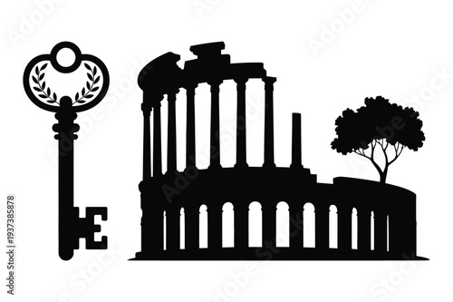 Ancient Key and Roman Ruins Silhouette