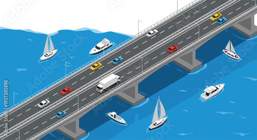 An isometric view shows a long concrete bridge with cars and a truck crossing over blue water with sailboats and yachts.